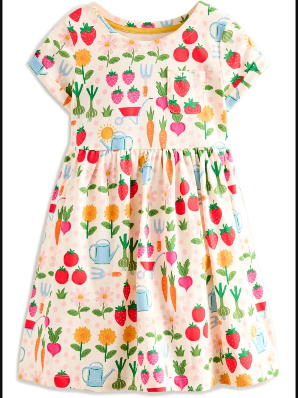 Mini Boden Garden Print Cotton Dress 6-7Y Short Sleeves Floral Veggies Whimsical